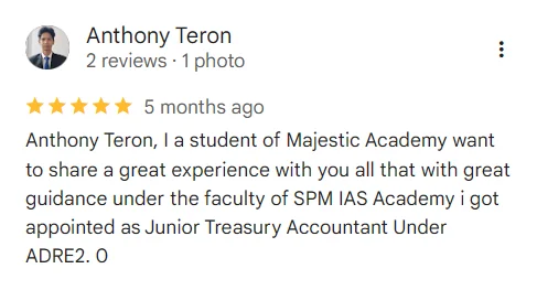 Google review praising shortcut math tricks and aptitude solving methods taught at Majestic Academy.